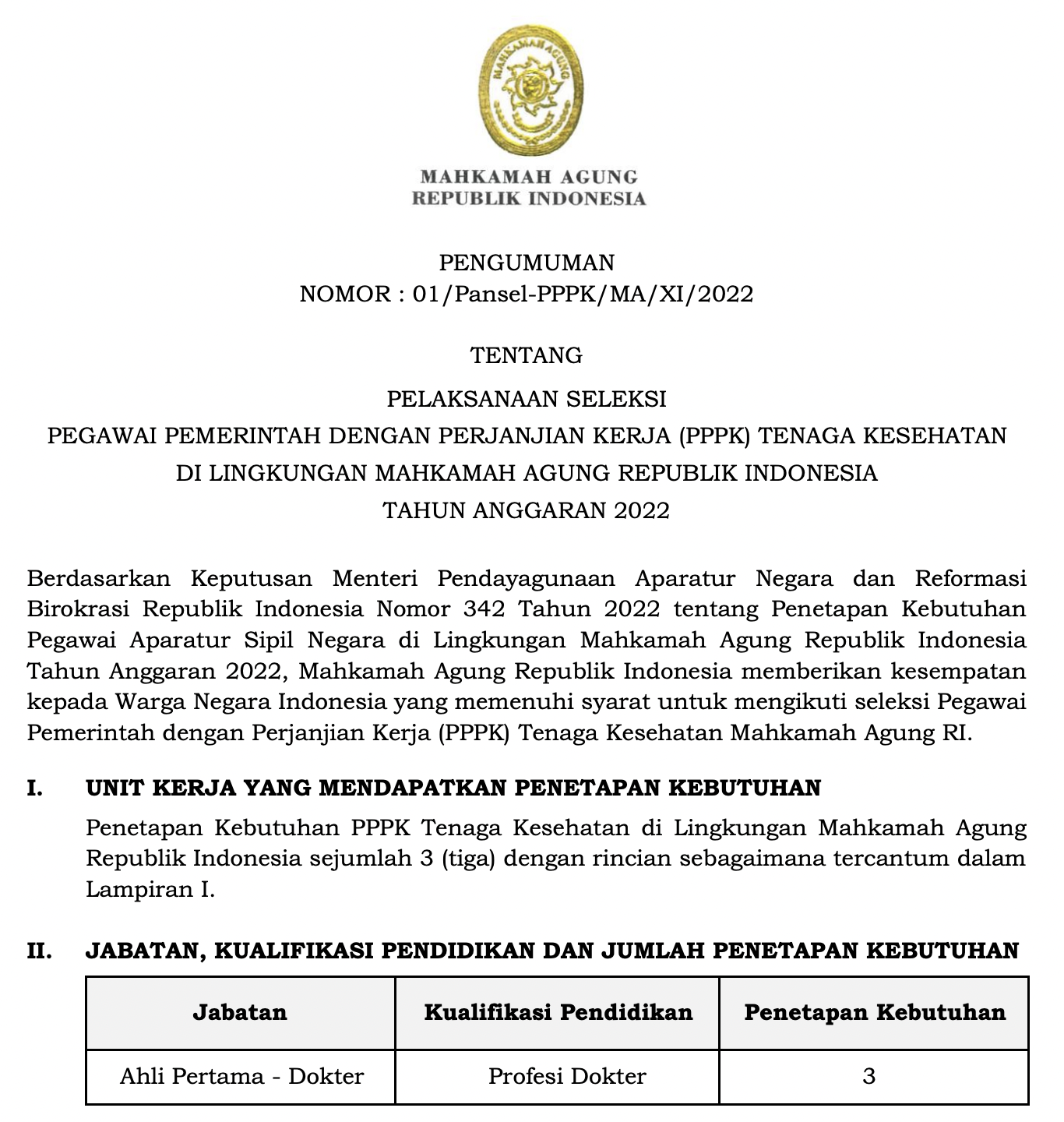 Formasi Resmi PPPK 2022 Mahkamah Agung